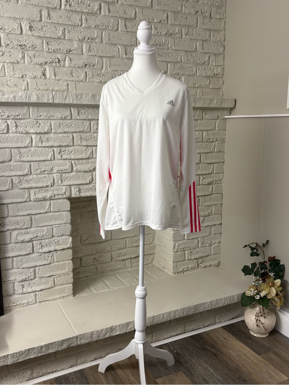 adidas Climacool White V-Neck Long Sleeve Running Top Pink 3-Stripes Women's XL